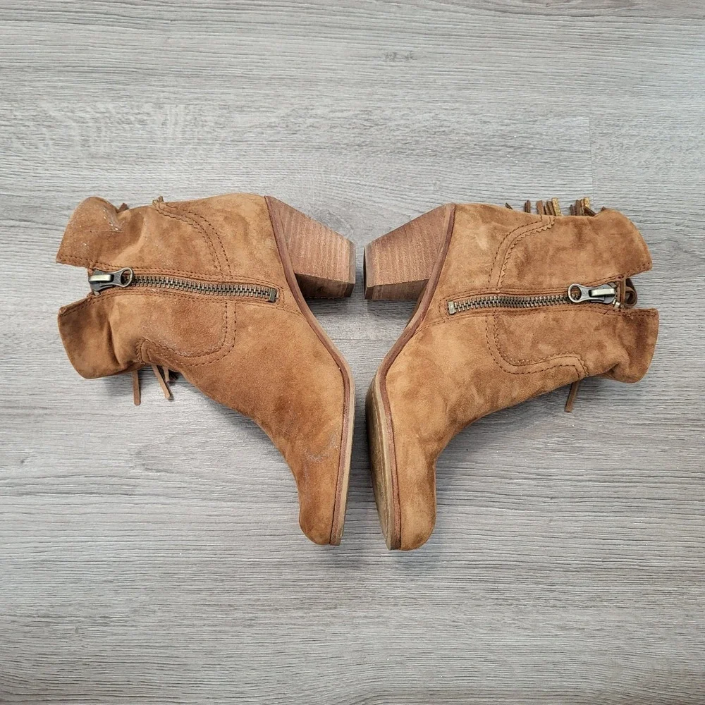 Sam‎ Edelman Tan Suede Gold Fringe Ankle Boots Western Brown Boho Womens 8